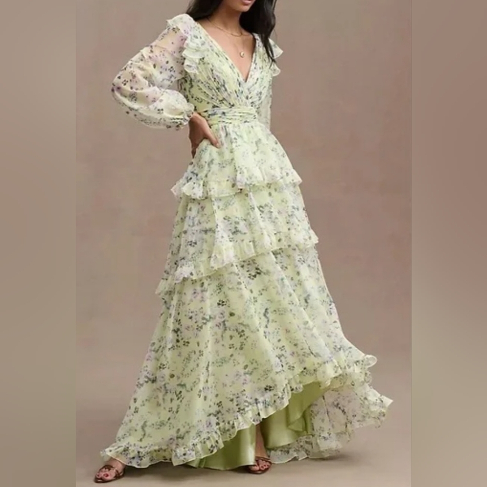 Mac Duggal Tiered A-line Maxi Chiffon Gown. Dress